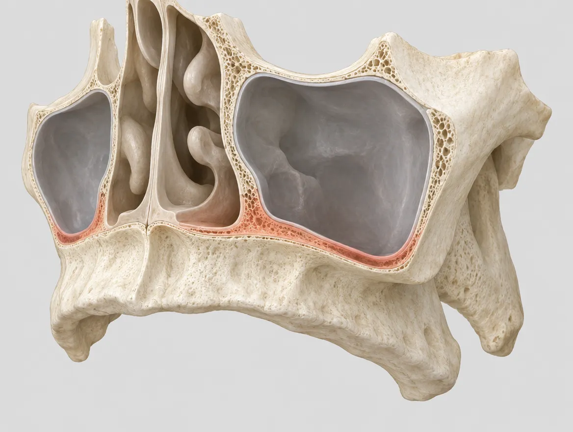 Cut-away illustration of an upper jaw without teeth, showing the two maxillary sinuses either side of the nasal cavity and the thin bone below the sinus floor highlighted