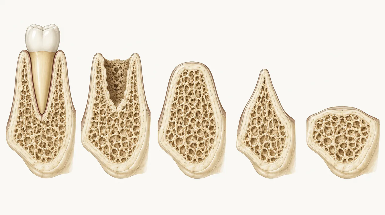 Five cross-sections of a jaw ridge on one baseline: a ridge holding a tooth, a healing socket, a rounded ridge, a thin knife-edge ridge and a low flat ridge