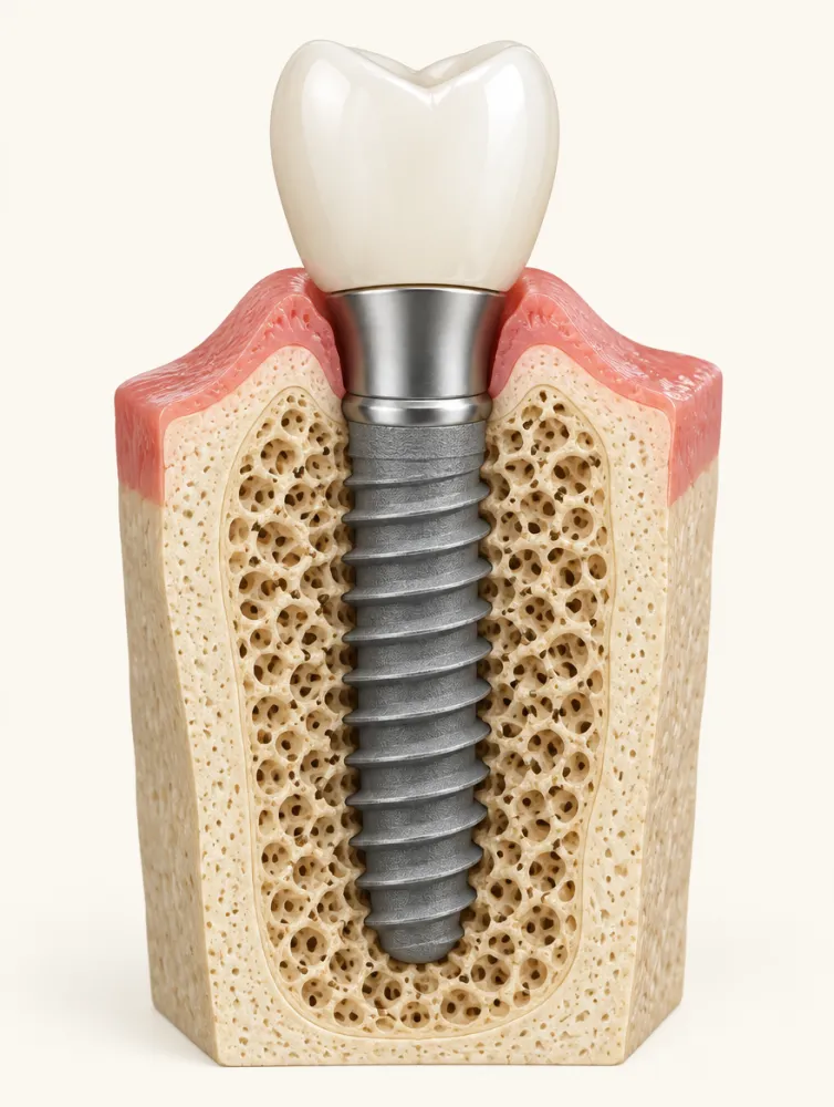 Cross-section illustration of a dental implant in jaw bone with gum tissue around the abutment