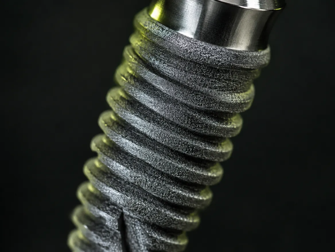Close-up of the threads of a titanium dental implant showing a matt, micro-rough surface and a smooth polished collar at the top