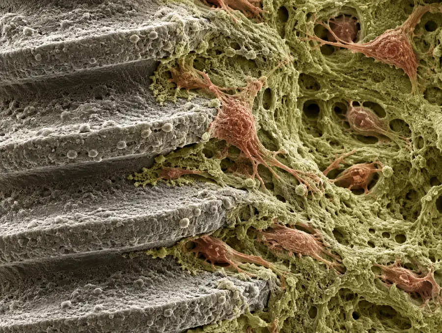 Microscope-style false-colour illustration of bone cells and fibrous bone matrix growing onto the rough threads of a titanium implant