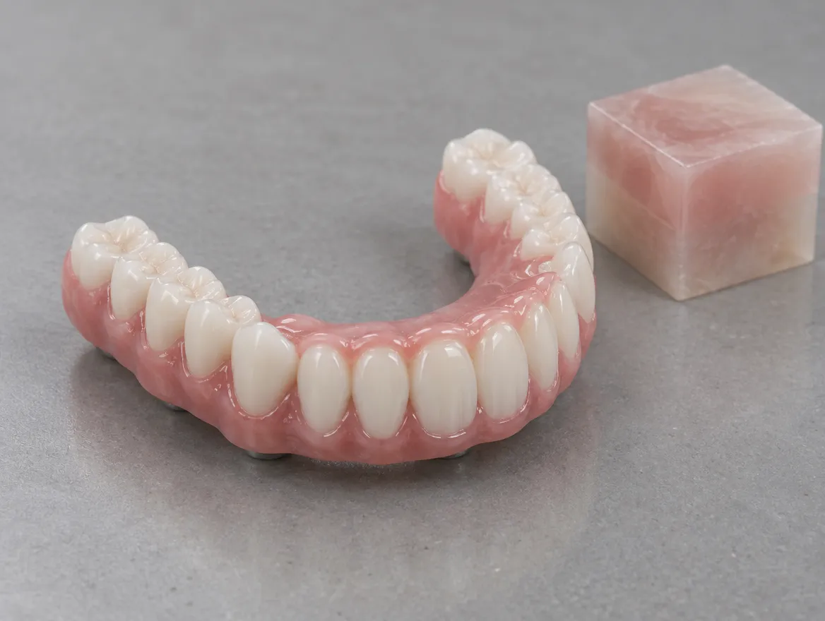 An acrylic full-arch bridge with white teeth and a pink gum-coloured base on a grey bench, next to a small translucent pink acrylic block