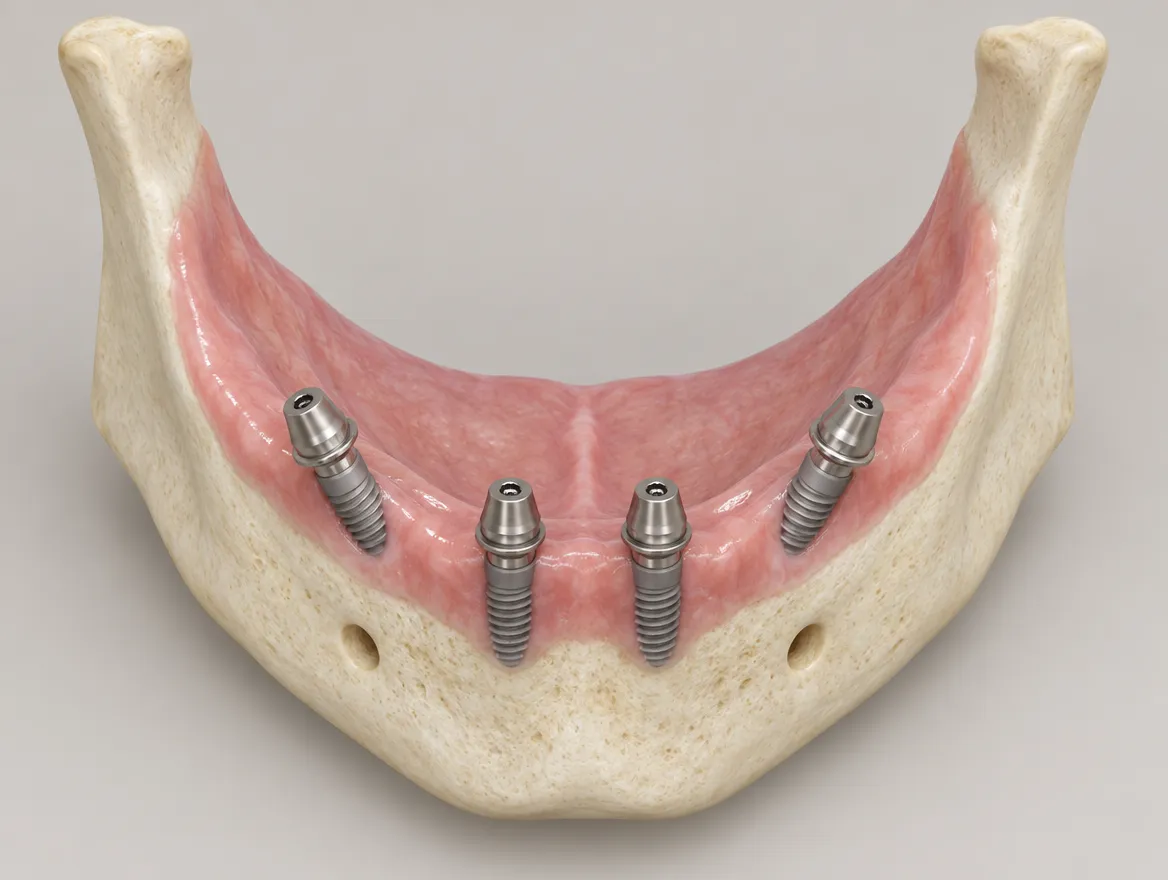 Illustration of a lower jaw from above with four titanium implants, the front two upright and the back two tilted backwards
