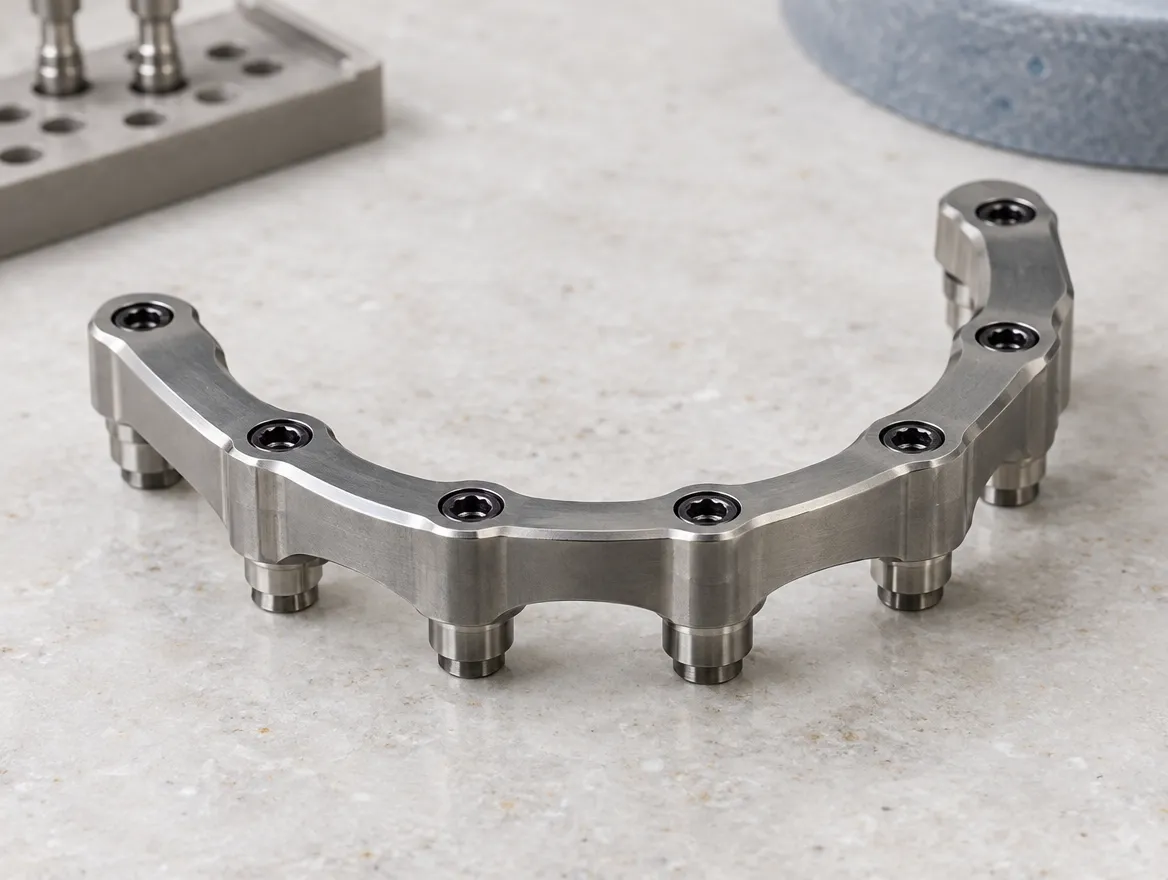 A machined titanium bar shaped like a horseshoe, with screw holes along its top and short connecting posts underneath, resting on a stone bench