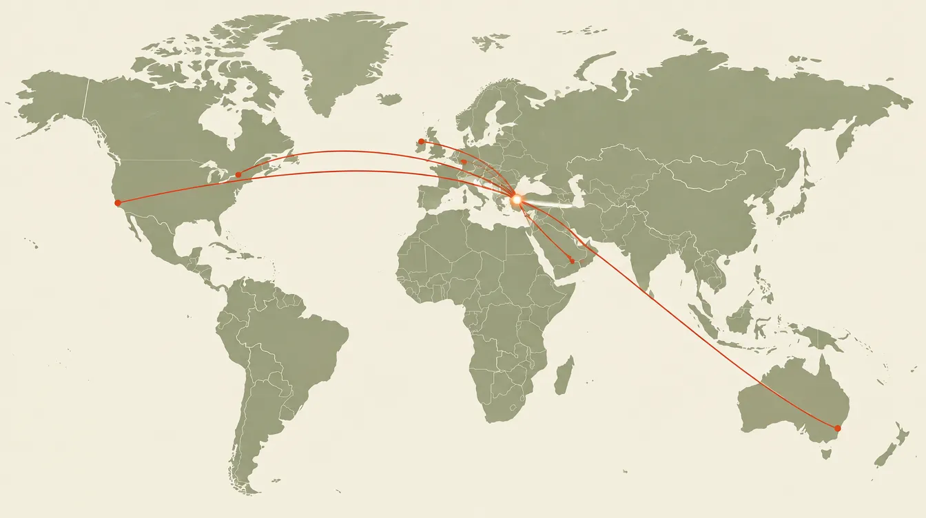 Stylised world map with flight paths from Ireland, North America, Australia, Europe and the Gulf converging on Antalya in southern Türkiye