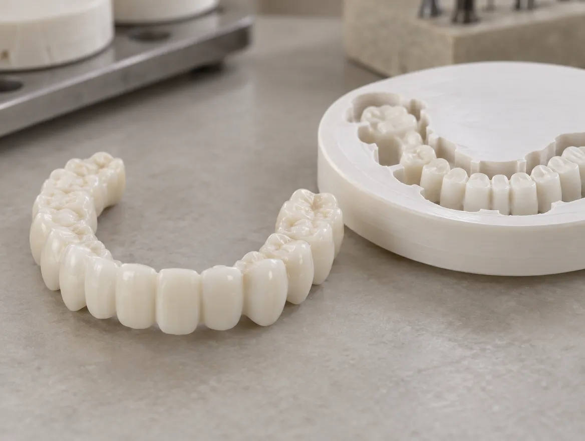 A milled white zirconia full-arch bridge lying on a laboratory bench next to a partly milled zirconia disc